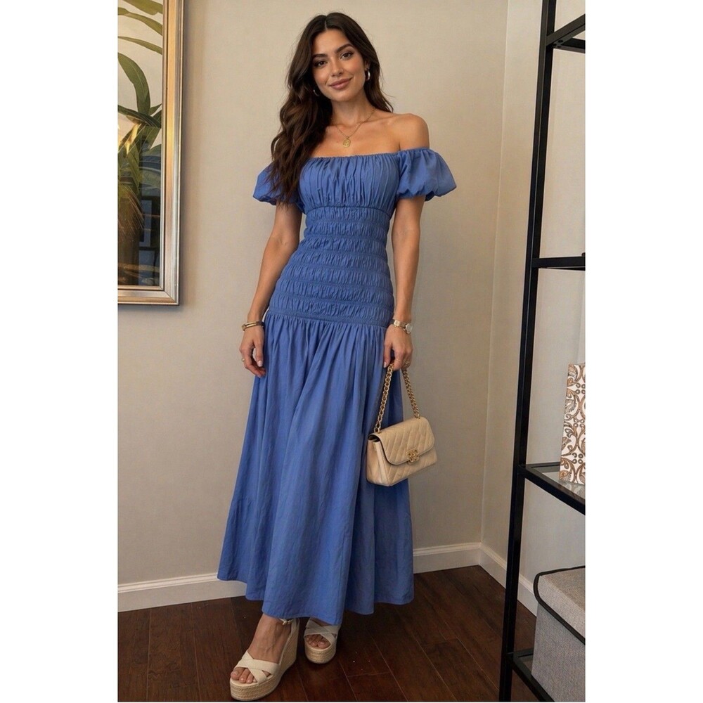 Abercrombie & Fitch Maxi Dress Womens M Tall Blue Smocked Drop-Waist Puff Sleeve